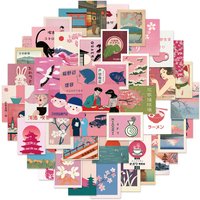 50PCS Retro Pink Stickers Japanese Aesthetic Art Stickers Red Sun Cherry Blossoms Waves Fuji Mountain Creative Stickers