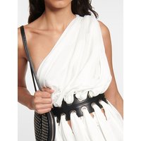 Women White Leather Trim Hollow Out Mini Dress Sexy Sleeveless Slash Neck Halter Backless Vestidos Fashion High Street Robe