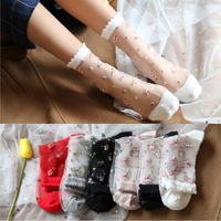 Summer Harajuku Vintage Women Socks Retro Flower Embroidery Crystal Silk Socks Women Ultra-thin Transparent Nylon Long Socks Sox