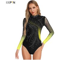 Womens Gymnastic Leotard Ballet Figure Skating Training Dancewear Rhinestone Long Sleeve Streamlined Splice Hollow Out Bodysuit