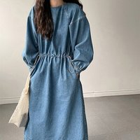 Cotton Denim Dress Women Spring Summer Lantern Sleeve Drawstring Waist Pullover Dresses for Air-con Room Female Robe 2026