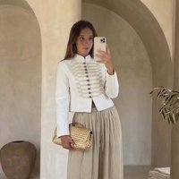 YENKYE New Women Retro Military Style White Fitted Jacket Long Sleeve Round Neck Cropped Casual Outerwear image 4