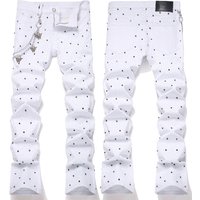 Slim Fit Men's Jeans Spring Autumn White Star Rivet Rhinestone Micro Flared Denim Pants Metal Chain Long Trousers Fashion Brand