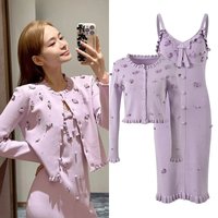 Sweet Purple 2-piece Set Elegant Three-dimensional Flower Long-sleeved Knitted Top Suspender Dress Spring Autumn Women Clothing