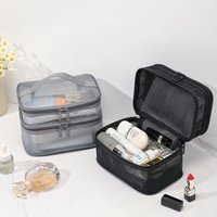 Portable Handheld Clear Mesh Cosmetic Bag Large Capacity Partition Storage Wash Bag Elegant Travel Makeup Organizer