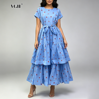 VGH Sweet Fruit Print Short Sleeve A Line Midi Dresses for Women O Neck Short Sleeve Tie Waist Tiered Skirt for Romantic Dates