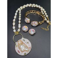 Colorful Tourmaline Crystal Freshwater Pearl Jewelry Set for Women Baroque Pearl Charm Necklace Rings Earrings For Party Wedding