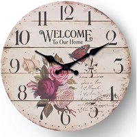Vintage Flower Butterfly “Welcome to Our Home” Pattern Wooden Wall Clock Living Room Bedroom Kitchen Home Decor Silent Quartz Clock Holiday Gift 10-Inch 12-Inch 14inch 16inch (No Battery)