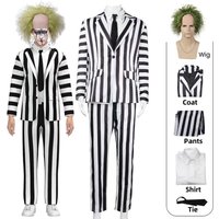 Costume de Cosplay de jus de film, veste à rayures noires et blanches, ensemble chemise et pantalon, tenue d'halloween pour hommes et adultes