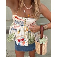 2024 Autumn New Fashion Women's Clothing European And American Style Casual Plant Printed Top Camisole Casual Shorts Set