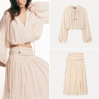 Fashionable Geometric Pleated Skirt And Gauze Shirt Women's Summer Outfit High Waist Lantern Sleeve Long Sleeve Loose Fit