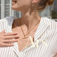 Ars 18k Gold Plated T Bar Pendant Necklace with Zircon Stainless Steel Link Chain Necklace for Women Statement Choker Necklaces