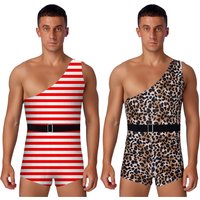 Men Halloween Primitive Man Caveman Strongman Cosplay Costume One Shoulder Printed Bodysuit with Belt for Masquerade Theme Party