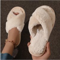Cross Warm Fluffy Furry Slippers Women Lightweight Flat Heels Fur Slides Woman Autumn Winter Open Toe Non Slip Home Floor Shoes