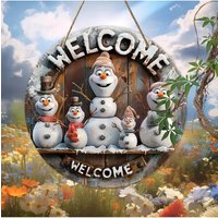 Vintage Snowman Welcome Metal Sign (20x20cm) - Aesthetic Decor for Front Door, Room & Holiday Party