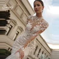 High-Neck Mermaid Wedding Dress Elegant Organza With Embroidery Ball Gown Full Sleeve Bride Button Vestido De Novia Customized