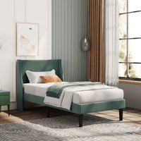 PINGGO Single Bed Velvet Dark Green 3FT Upholstered Bed With Winged Headboard Wood Slat Support (No Mattress)