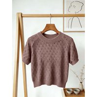 Women's Dusty Purple Openwork Knit Top Short Sleeve Round Neck Raglan Sleeve Cropped Knit Pullover