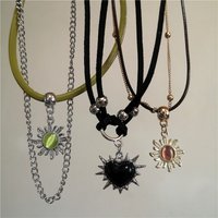 Thorn Black Heart Brown Moonstone Sun Pendant Rope Chain Necklace For Women Punk Y2K Charms Grunge Hip Hop Gothic Accessories