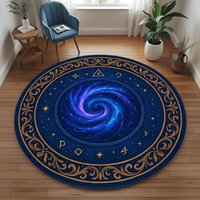 2D Galaxy Vortex Round Area Rug Mystic Spiral Astrology Symbols Print Mat Boho Space Home Decor Soft Non-Slip Circular Carpet