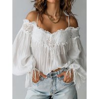 Women's Boho Lace Sexy Off Shoulder Blouse Ruffled Lantern Sleeve Fringes Tops Elegant Female Shirt
