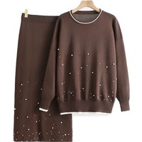 Rivet Drill Design 2 Piece Sets Women O-neck Long Sleeve Sweater Pullover Tops Conjuntos Chic High Waist Straight Skirts Outfit