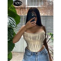 NewAsia Sexy haut Corset femmes sans manches épaules dénudées femme désossé recadrée Streetwear Bustier maille haut court blanc