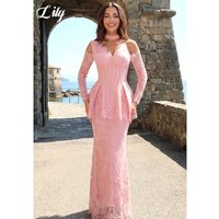 Lily Romantic Pink Prom Dress Halter Neck Cold Shoulder Long Sleeves Mermaid Lace Formal Evening Party Gown Colors Customized