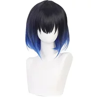 QQXCAIW Anime Demon Slayer Cosplay Short Black Blue Cos Hashibira Inosuke Heat Resistant Synthetic Hair Wigs Costume