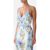 2026 Women Crystal Beaded Long Dress Blue Flower Print Sleeveless Backless V-Neck High Waist Holiday Style 100% Silk Sling Robe