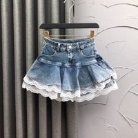 Harajuku Lace Patchwork Denim Skirt Women Vintage Y2K Fluffy High Waist A Line Mini Skirt Korean Fahsion Retro Skirt