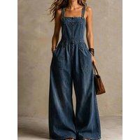 Sleeveless Patchwork Holiday Chic Overalls, Women Summer Square Collar Fashion Jumpsuits, Solid Wide Leg Pants Loose Playsuits