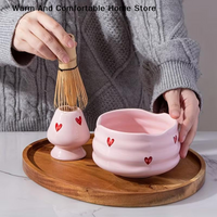 2/4/5pcs Pink Heart Decal Ceramic Matcha Set, Cute Matcha Set Includes Matcha Bowl, Matcha Whisk and Holder, Bamboo Scoop,Sifter