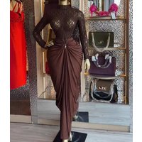 Two Piece Set Women Outfit 2026 New Spring Autumn Long Sleeve High Collar Lace Perspective Shirt & High Waist Bag Hip Skirt Set