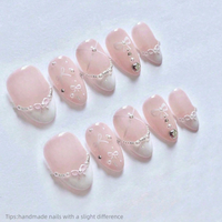10pcs Handmade Pink White French Pearl Rhinestone Press On Nails Short Almond Elegant Cute Fake Nails Bow Decor False Nail
