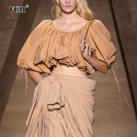 VGH Designer Runway Style Blouse for Women O Neck Puff Sleeve Spliced Lace Up Folds Fashionable Elegant Crop Top Female Summer