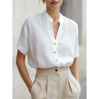 Women's Short Sleeve Button Down Shirt Stand Collar V Neck Blouse Linen Look Top Casual Office Wear Summer Fashion