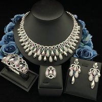 JRH Value 4Pcs Set Luxury Gold Plated Cubic Zirconia Jewelry Shining Bracelet Ring Earrings Necklace Combo for Women Banquet