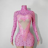 Luxurious Pink Sequined Crystal Net Dress Sexy Birthday Dance Party Costume Club Performance Sexy Singer and Dancer Stage Sui