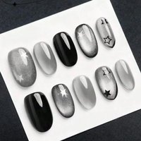 10Pcs Pure Handmade Nail Art, Oval Nails, Black And Silver Cat'S Eye Design Nails, Star Design Sweet Style Nails