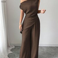 Vacay Holiday New Style Shoulder Sleeve Color Wide Leg Pants Set Women Fashion Commute Two Piece Set Casual European Style