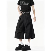 Harajuku Wide Leg Casual Cropped Pants for Men Summer Streetwear Pleated Straight Capris Trousers Korean Cool Black Baggy Pants