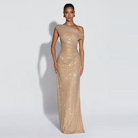 Shinny Sequin Women's Maxi Dress Elegant One Shoulder Slim Evening Gown Ruched Waist Bodycon Long Vestidos Summer Lady Prom Gown