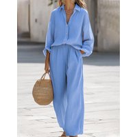 2026Summer Cotton Linen Lady Home Suits Casual Women Trousers Sets Lapel Single Breasted Long Sleeve Loose Top Wide Leg Pant Set