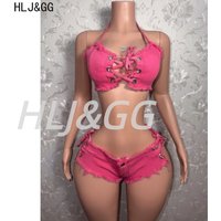 HLJ&GG Sexy Denim Hollow Bandage Two Piece Sets Women Halter Sleeveless Backless Crop Top And Shorts Outfits Fashion Club Wear