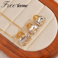 Freeteeme Minimalist Geometric Zircon Stud Earrings Necklace for Women Stainless Steel Rhinestone Jewelry Set Wedding Bride Gift
