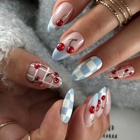 Almond False Nails Art Pearl Cherry Design Stick on Nail Tip Datachable French Short Press on Fake Nails with Chessboard Designs