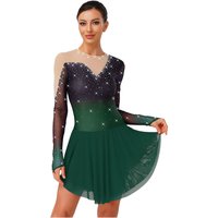 Womens Gymnastics Artistic Figure Skating Performance Costume Ballet Lyrical Dance Dress Shiny Rhinestones Ruched Leotard Dress