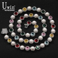 Uwin Iced out Cubic Zircon Choker Necklace Round Colored Zircon Pearls Chain Fashion Luxurious Hip Hop Jewelry