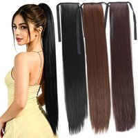 24 Inch Synthetic Clip-On Ponytail Hair Extensions, Long Straight Wrap Around Ponytail Wig, Heat Resistant, For Women